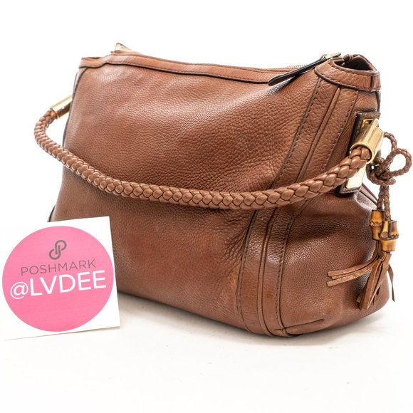 GUCCI Leather Woven Handle Brown Tassle Bag